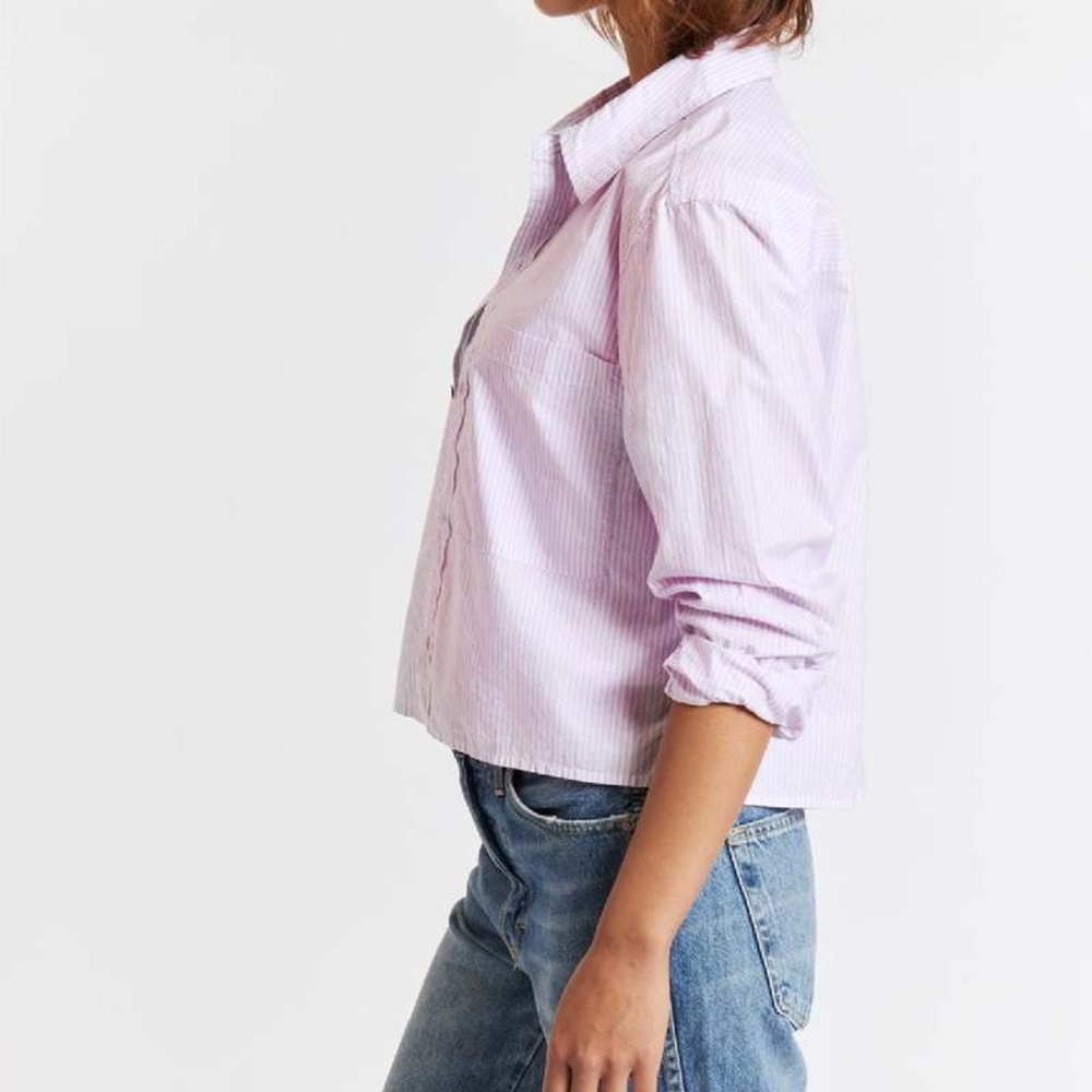 AMO DENIM
RUTH LAVENDER STRIPE CROP OVERSIZED COLLARD SHIRT - BLUSHING XS - Picture 2 of 9